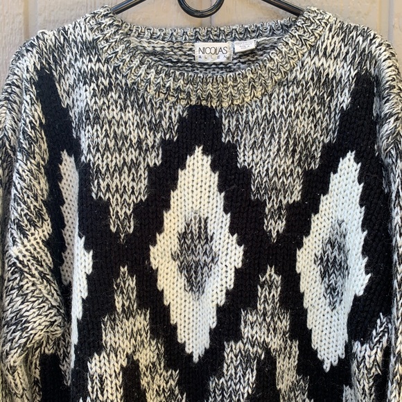 Vintage black white gray chevron chunky knit crewneck oversized grandpa sweater - Picture 11 of 16